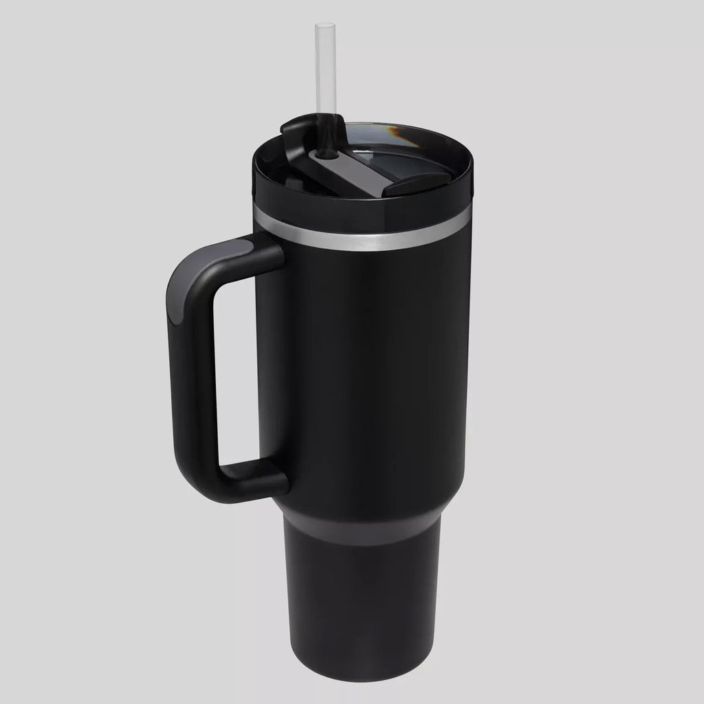 40oz Insulated Tumbler with Handle & Straw - Black & Gold