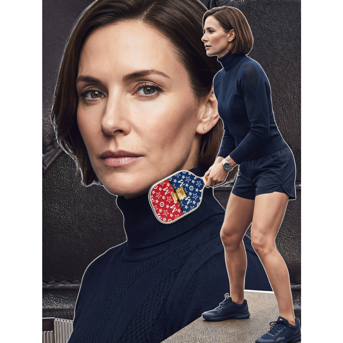 Premium player on the court holding a luxury red, white, and blue patterned RallyStand pickleball paddle mid-swing.