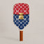 Front view of a luxury RallyStand pickleball paddle featuring a college red, white, and blue designer handbag aesthetic with gold hardware accents.