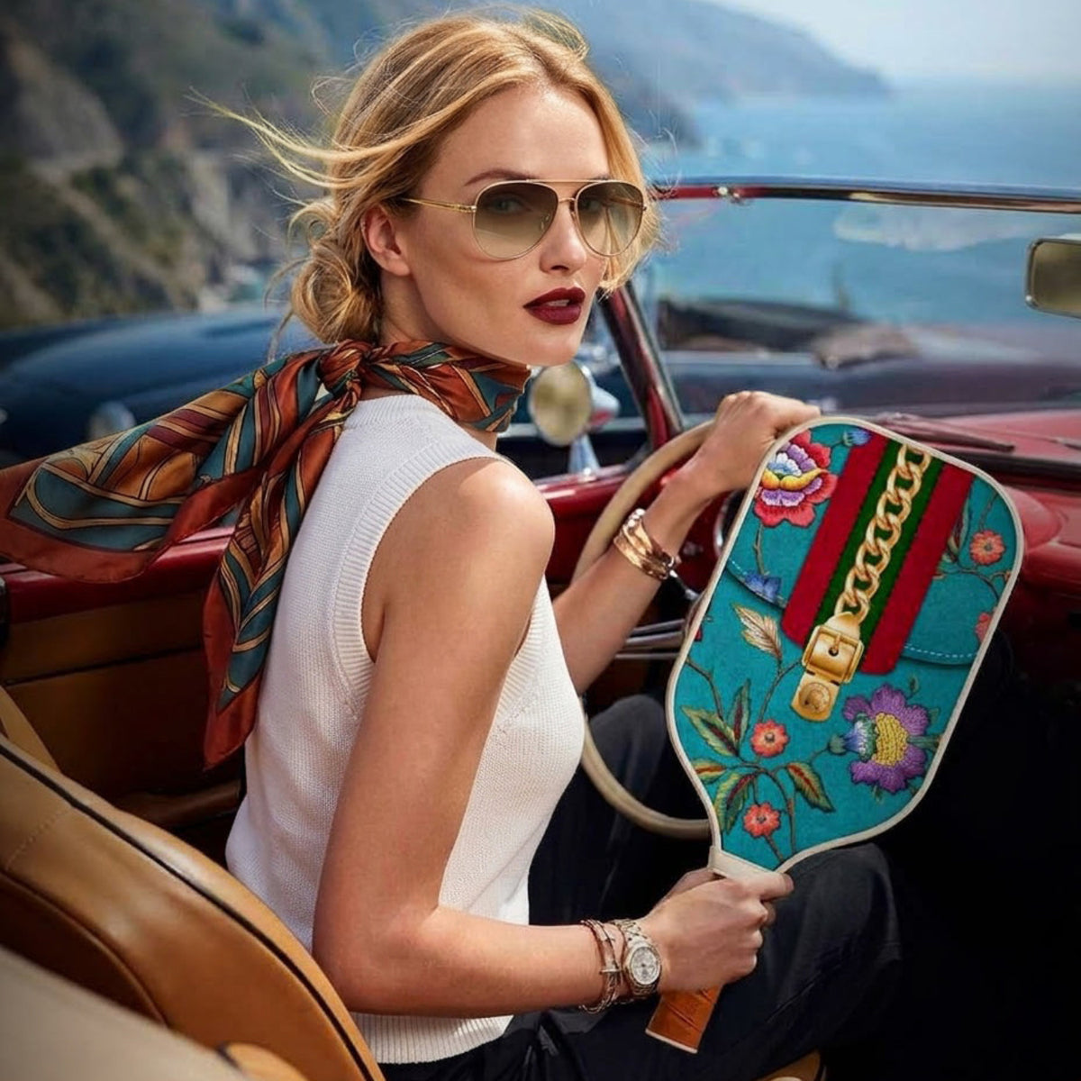 shot of a model holding a teal floral pickleball paddle while sitting in a vintage convertible car.