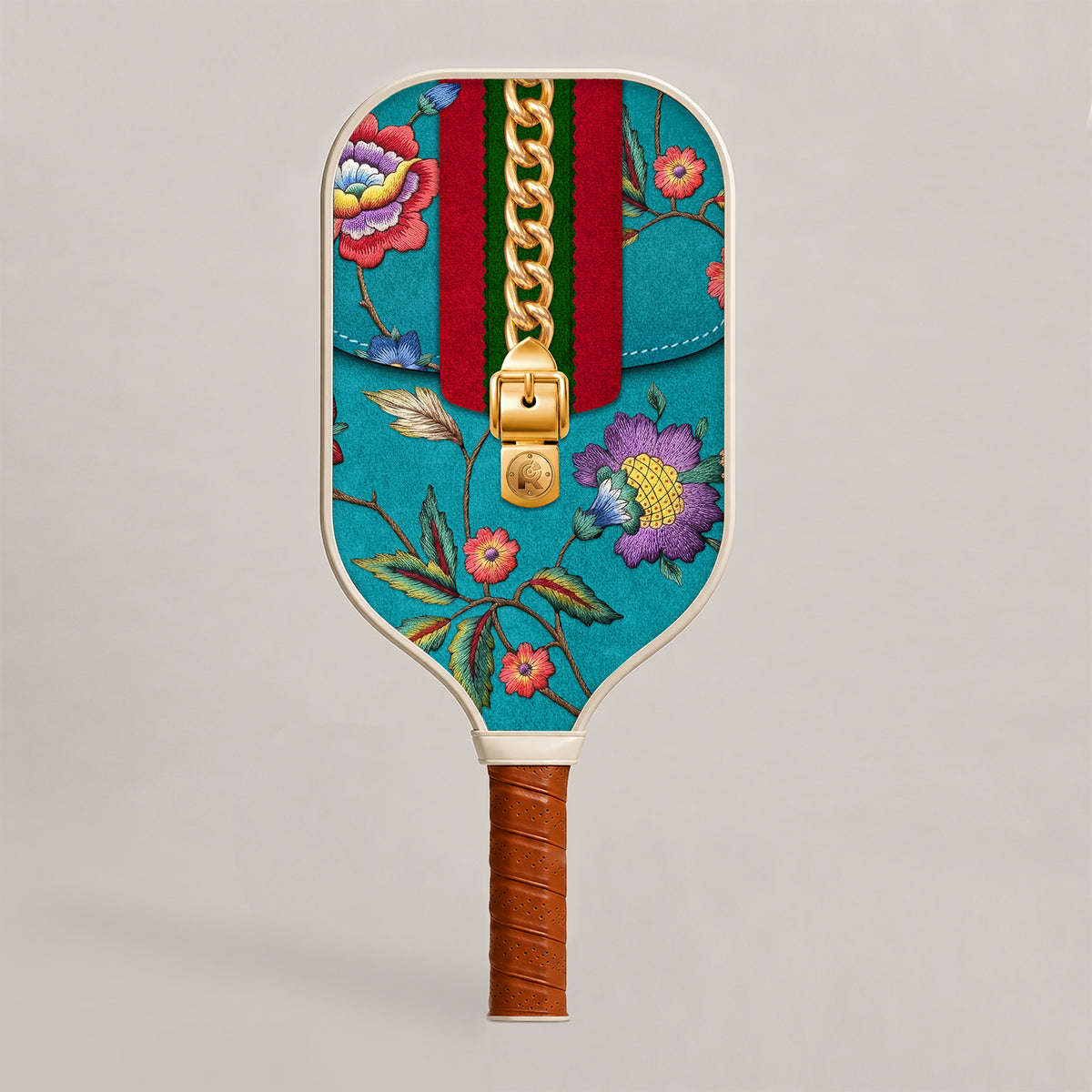 Front view face of RallyStand luxury designer pickleball paddle featuring a teal monogram pattern, red and green stripes, golden zipper graphic, and vibrant floral embroidery details.
