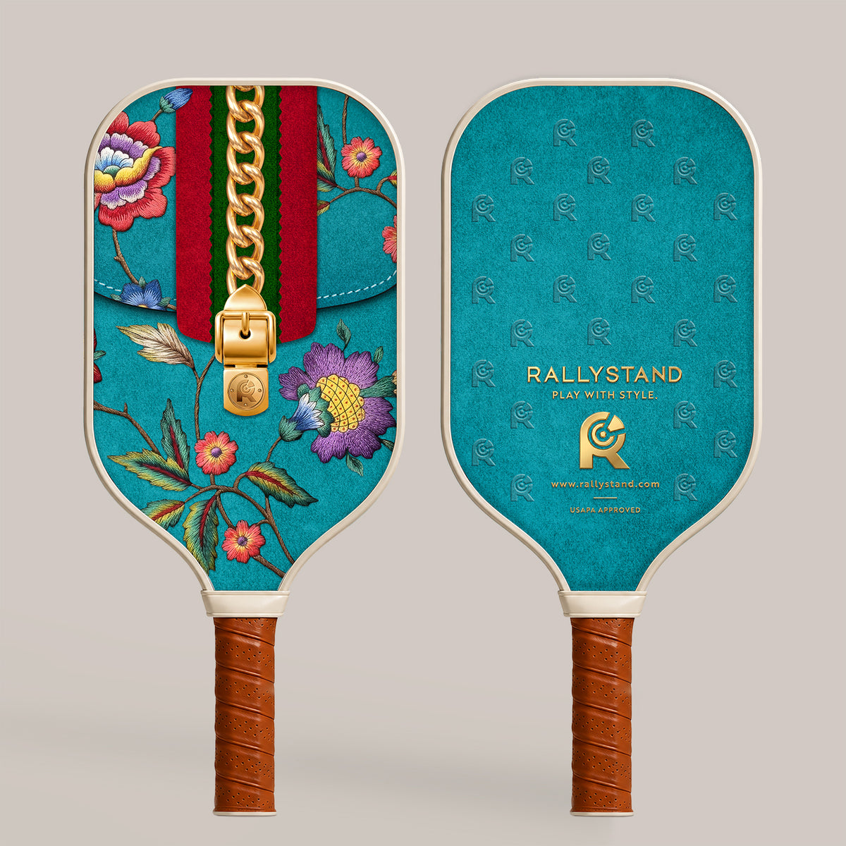 A pair of RallyStand luxury designer pickleball paddles showing both the front floral zipper design and the back monogram logo side against a white background.