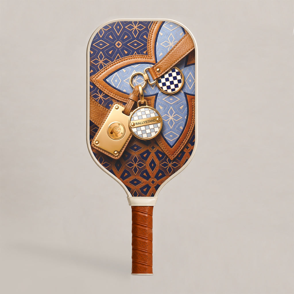 Front view of RallyStand's Grand Trunk pickleball paddle in blue, showcasing a luxury monogram pattern, brown leather graphics, and engraved gold luggage tags.