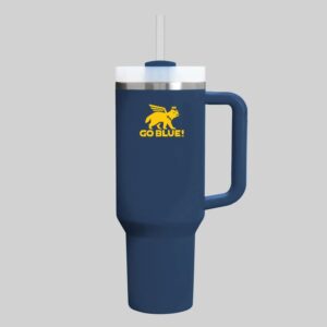 40oz insulated tumbler with handle and straw in blue & gold color-inspired design