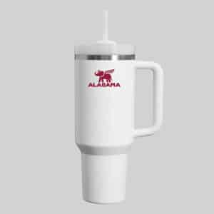 40oz insulated tumbler with handle and straw in crimson & white color-inspired design