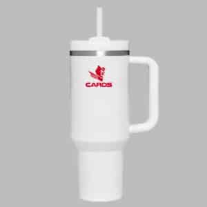 40oz insulated tumbler with handle and straw in red and white color-inspired design