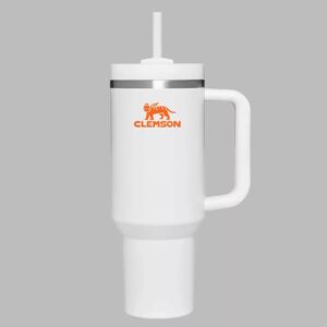 40oz insulated tumbler with handle and straw in orange and purple color-inspired design