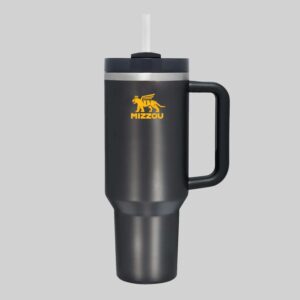 40oz insulated tumbler with handle and straw in black and gold color-inspired design